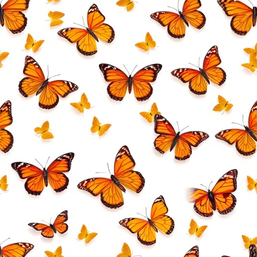 Generate a high-resolution seamless pattern of small butterflies in orange and yellow hues on a white background, shot with a 50mm lens, f/2.8 aperture, ISO 100, natural lighting, in a flat lay style, using a digital camera.