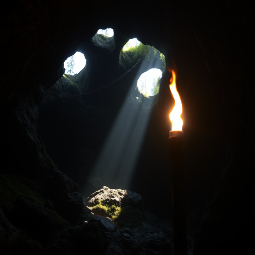 A lit torch standing in the foreground, casting a bright flame illuminating a dark cavernous space; rocky cave environment with natural light filtering through irregularly shaped openings on the ceiling, revealing glimpses of the sky and vegetation outside; moss and lichen covering the cave walls, indicating a damp and seldom-visited area; mysterious and exploratory scene suggesting an explorer's search for a way out or deeper exploration into unknown territory; dominated by dark tones, emphasizing the depth and silence within the cave; high quality photorealistic image, intricate details, sharp focus, dramatic lighting.