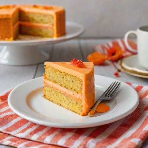 Generate an image of a slice of cake on a white plate. The cake should have a light texture with visible poppy seeds and be decorated with orange frosting. Include some orange slices on the side and place the plate on a light striped cloth.
