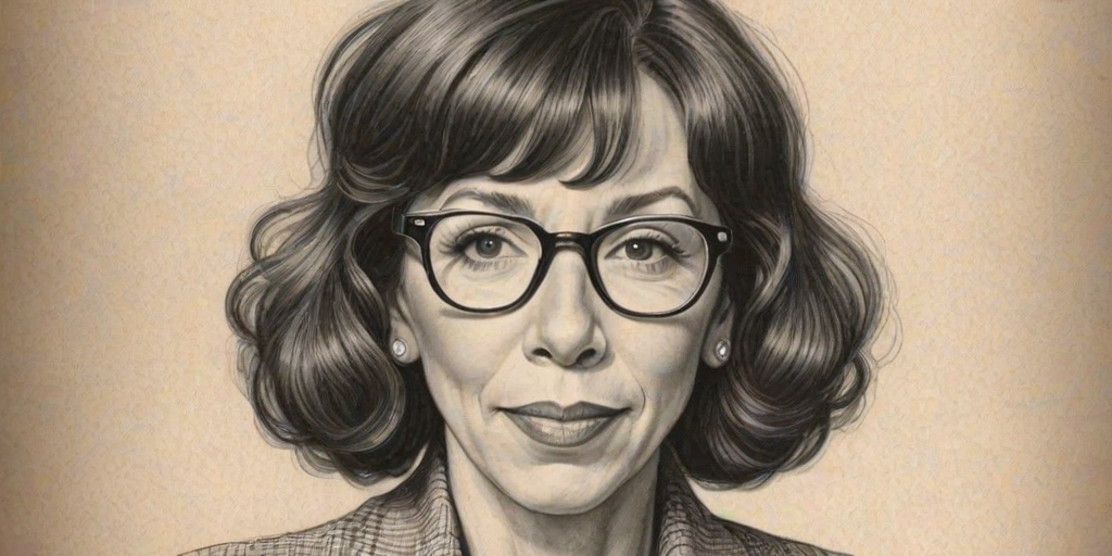 Attractive Lily Tomlin, pencil sketch, portrait of Wonderful woman 1946s in glasses, hair style beatnik, outline, clear lines, fine lines, 8k