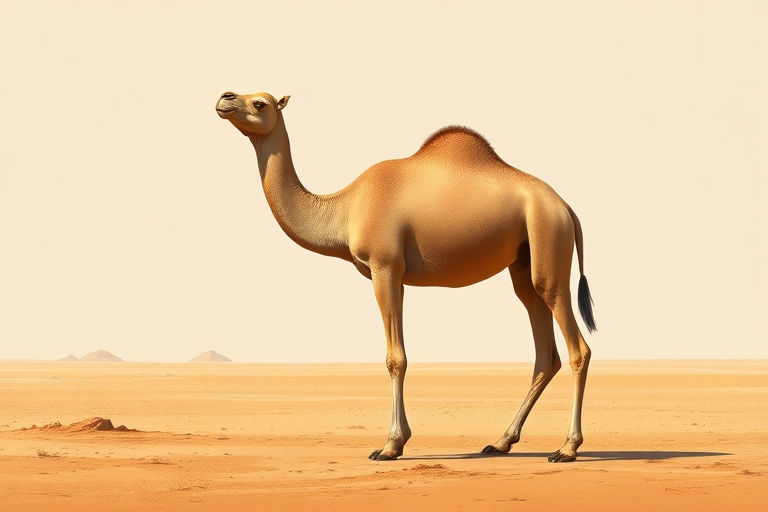 A detailed illustration of a camel standing on a plain with a minimalistic background, captured using a DSLR camera with a 50mm lens at f/4 aperture, ISO 100, 1/200s shutter speed, in natural light to enhance clarity and depth.