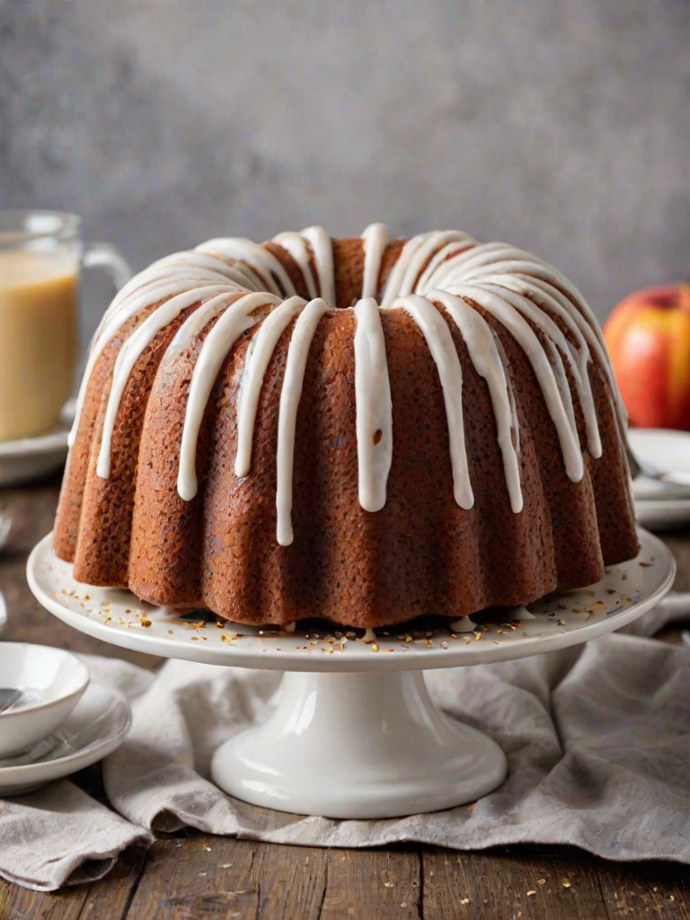 Generate an image of a delicious bundt cake with a smooth white icing drizzled on top. The cake should have a golden-brown color, with a moist texture and a light sprinkle of poppy seeds on the icing. It should be presented on a simple white plate, with a clean background that highlights the cake.