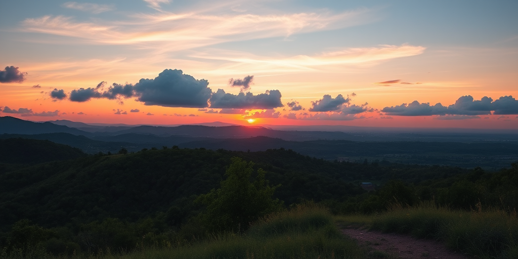 Create a high-resolution image of a serene landscape at sunrise with soft clouds, using a Canon EOS R5, 50mm f/1.8 lens, aperture set to f/8, ISO 100, with a wide-angle view to capture expansive scenery and vibrant colors.