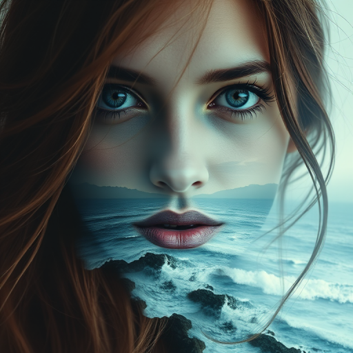 this photo is Book cover, A surreal double exposure portrait that blends a woman's face with a beautiful seascape. The overall mood is dreamy and mystical, with rich colors and intricate details