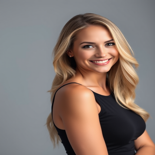 portrait of a confident woman with long blonde hair smiling in a fitted black tank top, neutral gray background, soft lighting, DSLR camera, 50mm lens, f/1.8 aperture, ISO 200, 1/200s shutter speed, natural skin tones, focus on facial features