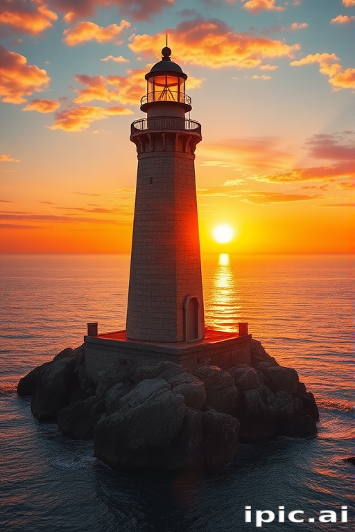 Generate an image of a tall lighthouse perched on a rocky outcrop surrounded by calm ocean waters during a breathtaking sunset. The lighthouse stands sturdy and weathered, its stone surface illuminated by the warm golden light of the setting sun. The sun's rays pass directly through the glass lantern room at the top of the lighthouse, casting a brilliant light across the scene. The sky is painted with vibrant shades of orange, pink, and purple, reflecting off the tranquil sea. The surrounding water shimmers with the same warm hues, creating a serene and majestic atmosphere.