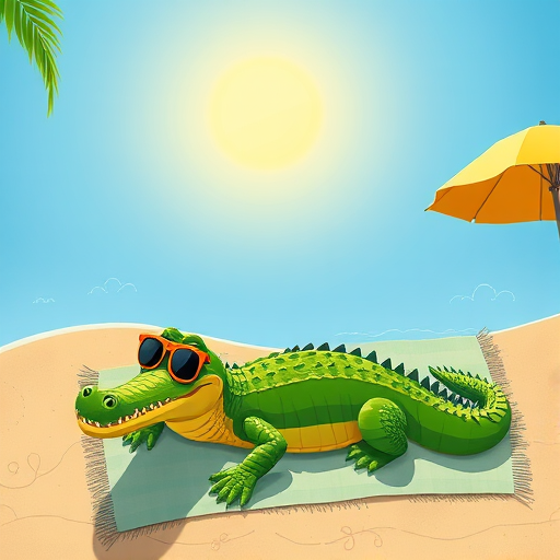 A cartoon crocodile lounging on a sunbathing mat under a bright sun, wearing sunglasses, vibrant colors, high-resolution, captured with a DSLR camera at f/8 aperture, 50mm lens, natural lighting, top view, vibrant colors.