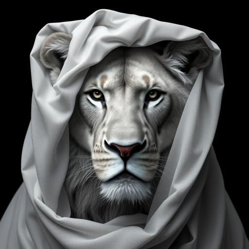 A hyper-realistic digital portrait of an lion with fabric draped over its head. The fabric is sheer and lightweight, allowing the contours of the lion’s face to show through, including its ears, eyes, and nose. The texture of the fabric is smooth and flowing, with delicate folds and creases that suggest softness and movement. The lion’s expression is serene and contemplative. The image focuses on the interplay of light and shadow on the fabric and the lion's face, creating a monochromatic palette of whites and grays. The background is a simple, nondescript dark shade to highlight the subject.