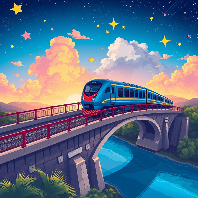 Create a vibrant digital illustration of a blue train crossing a bridge, with colorful stars and clouds in the sky, using high-resolution settings, an isometric view, vector art style, and a DSLR camera with a focal length of 50mm and aperture set to f/8 for enhanced image quality.