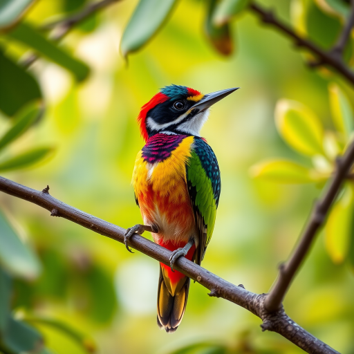 Regenerate an image of a vibrant woodpecker perched on a branch amidst a backdrop of blurred eucalyptus leaves, using a Canon EOS 5D Mark IV with a 100mm f/2.8 macro lens, aperture set to f/4, ISO 200, and a shutter speed of 1/500s to enhance sharpness and detail.