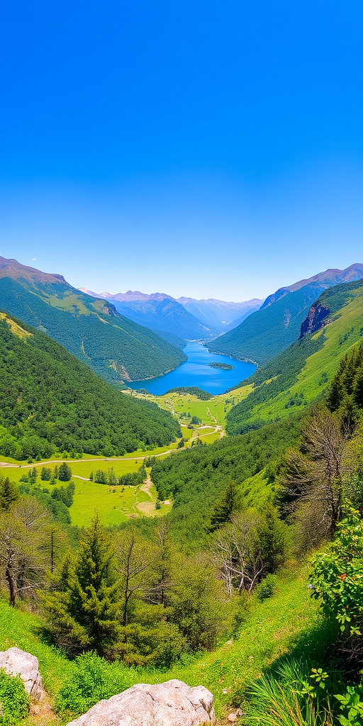Capture a panoramic view of a lush green valley with a serene lake nestled between mountains under a clear blue sky, using a DSLR camera with a 24mm lens, aperture f/8, ISO 100, and a shutter speed of 1/200 sec to enhance image quality.