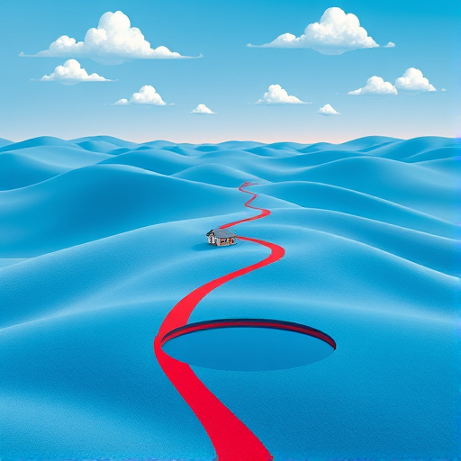 Create a vibrant digital landscape featuring rolling hills in shades of blue, a winding red path leading to a small house, a round pond reflecting the sky, and stylized clouds, with a focus on a minimalist design, captured with a high-resolution digital camera at f/8 for depth of field, ISO 100, 24mm lens, landscape orientation.