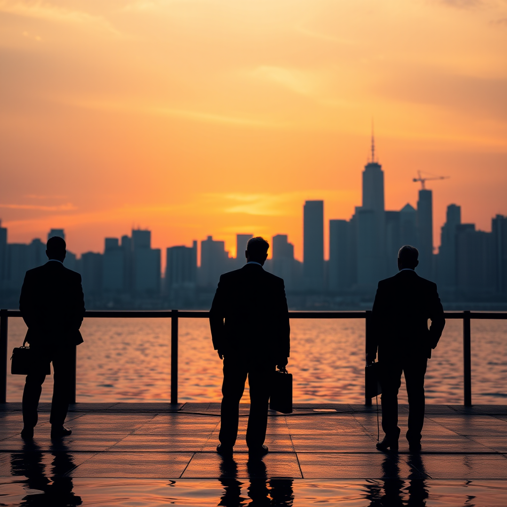 silhouetted figures of businessmen against a city skyline at sunset, using a Canon EOS R5, 24mm lens, f/8 aperture, ISO 100, 1/250s shutter speed, shot from a low angle to enhance reflections on water, deep contrast and vibrant colors for dramatic effect