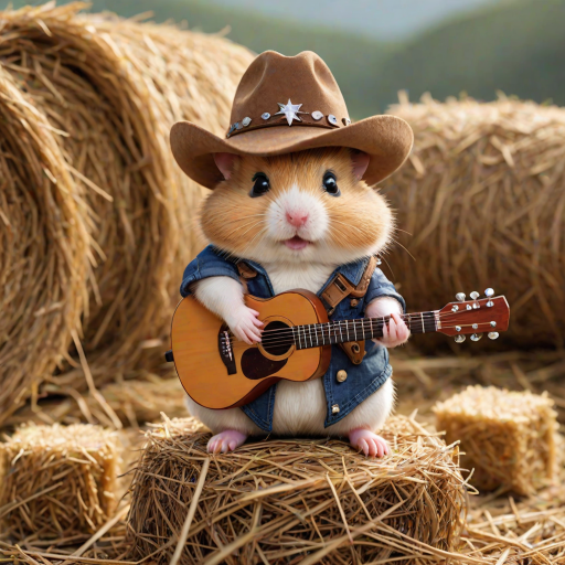 A chibi hamster, dressed as a cowboy, playing guitar, sitting on a hay bale