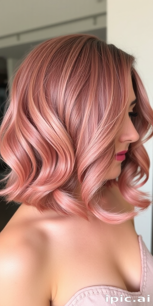 Dusty rose bob with subtle gold leaf accents, styled in vintage finger waves, called "Gilded Blush" look, featuring a glossy finish and sculpted shape