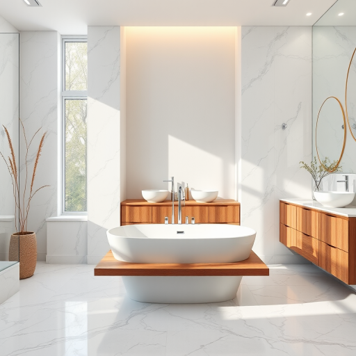 Create a highly detailed image of a modern bathroom featuring a freestanding bathtub, dual vessel sinks on a wooden vanity, large marble tiles on the floor and walls, soft natural lighting from a window, shot with a DSLR camera at f/2.8 aperture, 24mm focal length, and ISO 200 for enhanced clarity and depth.