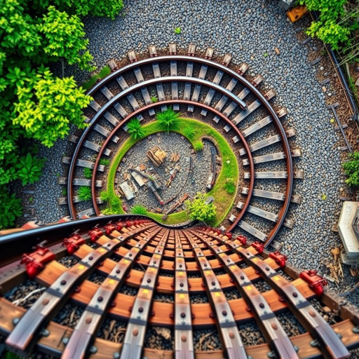 Create a high-resolution image of a curved railway track viewed from above, using a DSLR camera with a 50mm lens, aperture set to f/8, ISO 100, and a shutter speed of 1/250 sec for sharp detail and vibrant colors.