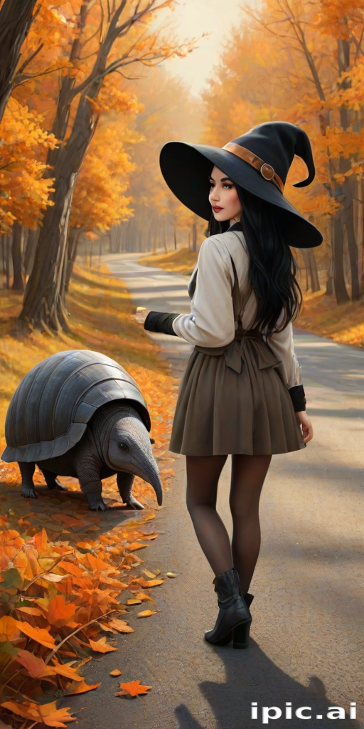 digital art fantasy depicting a strange girl with black hair, long eyelashes, orange lipstick and a tall hat walking along a winding road on an autumn afternoon, an armadillo smiles as he passes