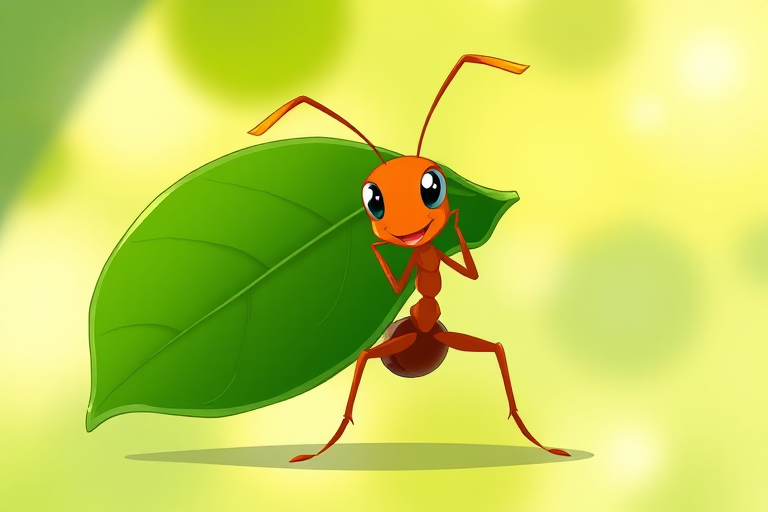 Regenerate a cartoon-style illustration of an ant carrying a large green leaf, showcasing vibrant colors and clear outlines, using a digital art style with a focus on smooth lines, high contrast, and a bright background, simulated with a Canon EOS 5D Mark IV, 50mm f/1.8 lens, aperture set to f/8, ISO 100, and a shallow depth of field to enhance image quality.