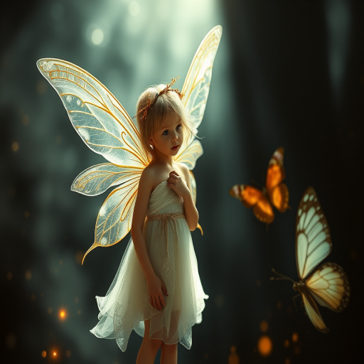 A whimsical fairy girl with delicate wings standing against a dark, mystical background with sparkling light effects and a large butterfly, taken with a DSLR camera, aperture f/1.8, shutter speed 1/200s, ISO 200, 50mm lens, soft-focus effect.