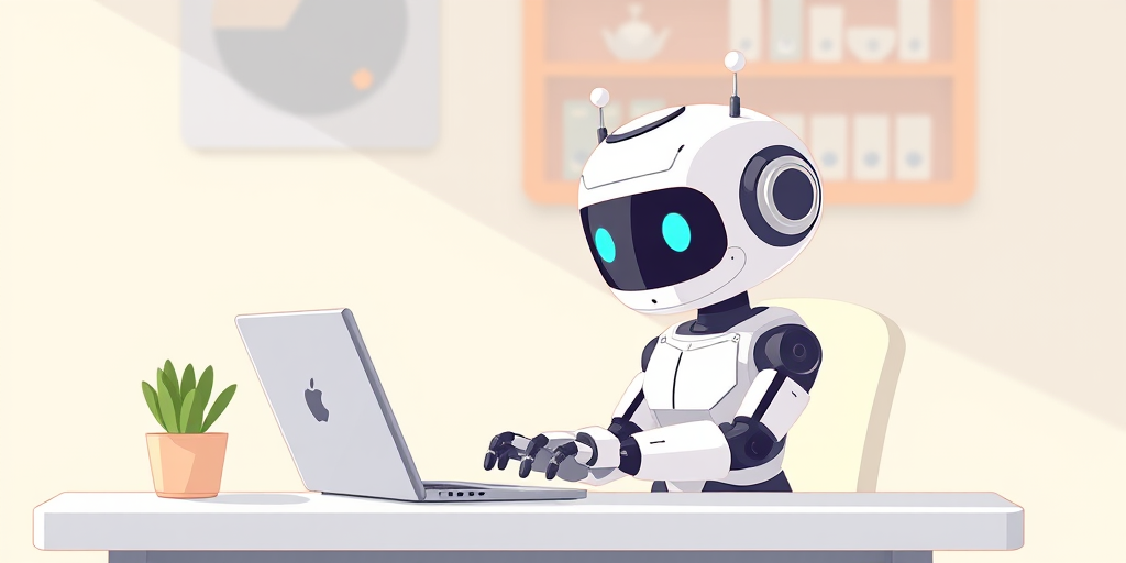 Create a high-resolution cartoon-style illustration of a cute robot sitting at a desk using a laptop, with a soft pastel background, shot with a Canon EOS R5, 50mm lens, f/2.8, ISO 100, 1/125s, in a bright, well-lit environment.