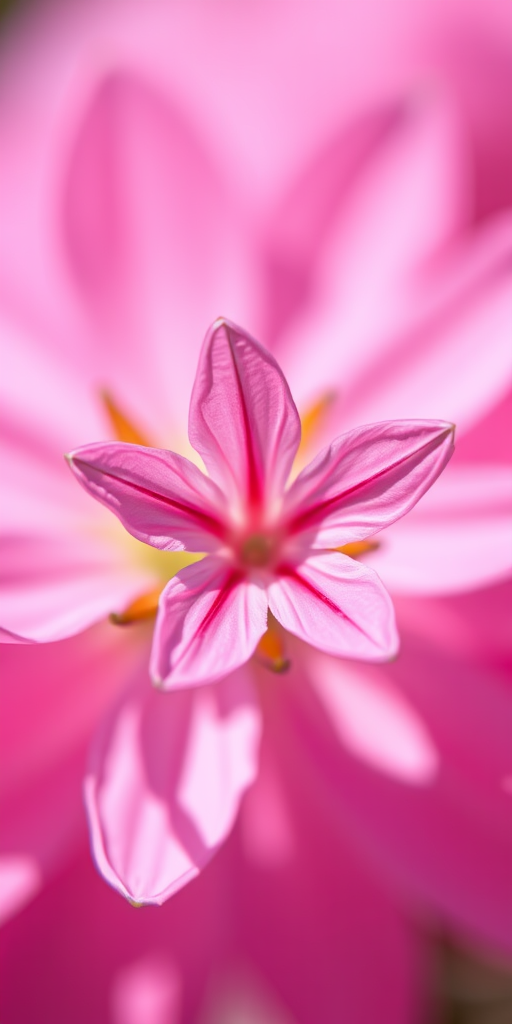 Close-up of a pink star-shaped flower on a blurred pink background, shallow depth of field, f/2.8 aperture, 50mm lens, natural sunlight, macro photography, DSLR camera.