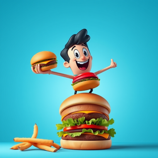 Create a vibrant digital illustration of a cartoonish character humorously holding a burger while floating above a giant burger, against a bright blue background; settings: 50mm lens, f/2.8 aperture, ISO 100, shot from a low angle to emphasize the character's levitation, with soft, diffused lighting for enhanced clarity and color saturation.