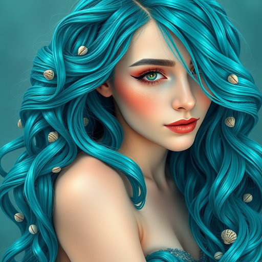 Vibrant teal mermaid waves cascade down her shoulders in the "Oceanic Dreamscape" style, shimmering with iridescent highlights and adorned with tiny seashells woven throughout the lustrous strands