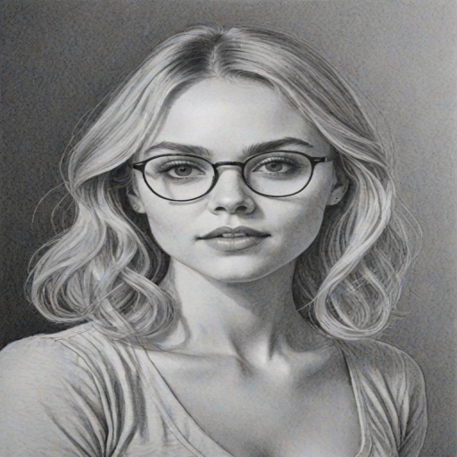 Captivating AnnaSophia Robb, pencil sketch, portrait of Pleasing woman 1978s in glasses, hair style beatnik, outline, clear lines, fine lines, 8k
