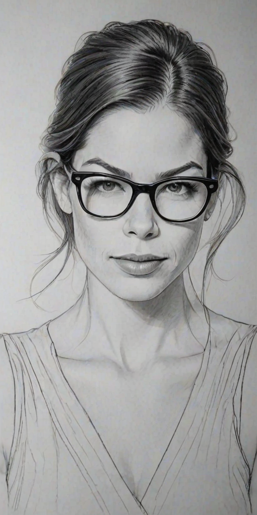 Enticing Michelle Monaghan, pencil sketch, portrait of Exquisite woman 1952s in glasses, hair style beatnik, outline, clear lines, fine lines, 8k