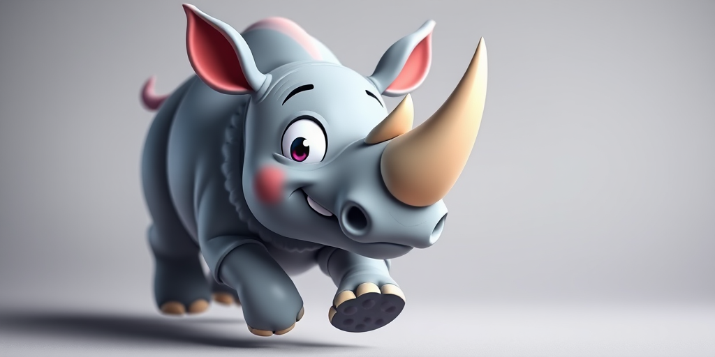generate a cute cartoon rhinoceros running playfully, vibrant colors, high detail, 3D style, camera type: DSLR, camera view: close-up, camera settings: f/2.8 aperture, ISO 100, shutter speed 1/125 sec