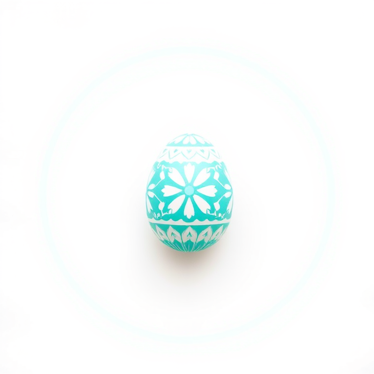 Create an illustration of a decorative Easter egg centered in a circular design, using a bright turquoise color palette on a white background, with a shallow depth of field, shot with a Canon EOS R5 at f/2.8, 50mm lens, natural lighting, high-resolution digital art style.