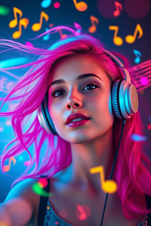 Create a vibrant and dynamic portrait of a young woman with flowing pink hair and headphones, surrounded by colorful musical notes and swirling lights, shot in soft focus with a DSLR camera at 50mm, f/1.8, ISO 200, and a low angle for dramatic effect.