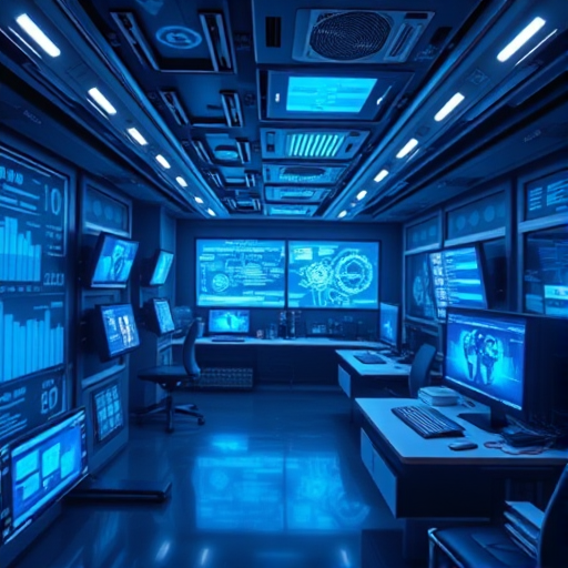 A futuristic digital workspace filled with glowing screens and holographic data displays, with a blue color scheme and binary code overlay, captured in high resolution using a wide-angle lens, f/2.8 aperture, ISO 200, 1/60s shutter speed for vibrant detail and clarity.