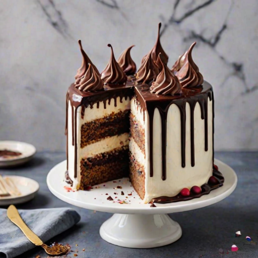 Create an image of a layered cake with a smooth white frosting, topped with chocolate ganache dripping down the sides. The cake should be decorated with colorful sprinkles around the bottom and a ring of decorative frosting on top. The background should be a simple marble surface to highlight the cake.