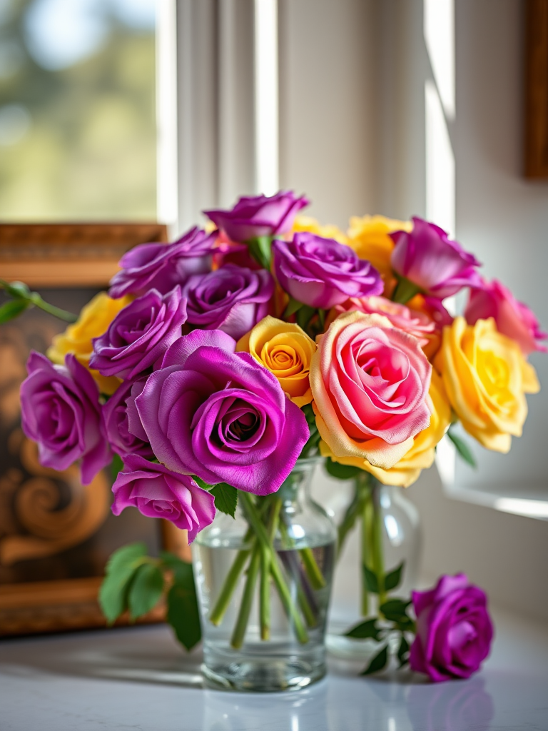 Create a vibrant still life composition of a bouquet featuring purple and yellow roses, placed in elegant glass vases, with soft natural light streaming through a window; use a DSLR camera with a 50mm lens at f/1.8, ISO 100, and a shutter speed of 1/200s, capturing bright colors and delicate details.
