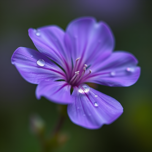 A close-up shot of a single purple flower with dewdrops on its petals, in soft focus background, using a macro lens at f/2.8, shutter speed 1/200s, ISO 100, natural light, DSLR camera.