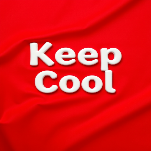 Keep Cool text on a red fabric background, capture using a DSLR camera with a 50mm lens, f/2.8 aperture, ISO 100, 1/200s shutter speed, natural lighting, top-down view for clarity and focus.