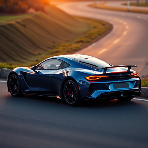 Generate an image of a luxury sports car parked on the side of a road during what appears to be dawn or dusk, given the soft light and shadows. The car should have a sleek design with aerodynamic features, a low-profile stance, and large, alloy wheels. It should display a contemporary color scheme, possibly a unique shade of blue that matches well with the ambient light in the setting. The vehicle's bodywork should gleam, reflecting the surrounding environment, and it should have distinctive lighting accents that enhance its sporty appearance. In the background, there should be a roadside with a grassy embankment on one side and possibly some trees or shrubbery along the edge of the pavement. The overall mood of the image should convey a sense of luxury, speed, and the tranquility of an early morning or late evening drive.