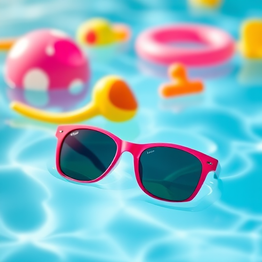 create a vibrant summer-themed scene featuring sunglasses floating in a pool with colorful beach toys, using a Canon EOS R5 with a 50mm f/1.2 lens, aperture set to f/2.8, ISO 100, shutter speed 1/200s, with a shallow depth of field and bright, soft lighting for a cheerful atmosphere