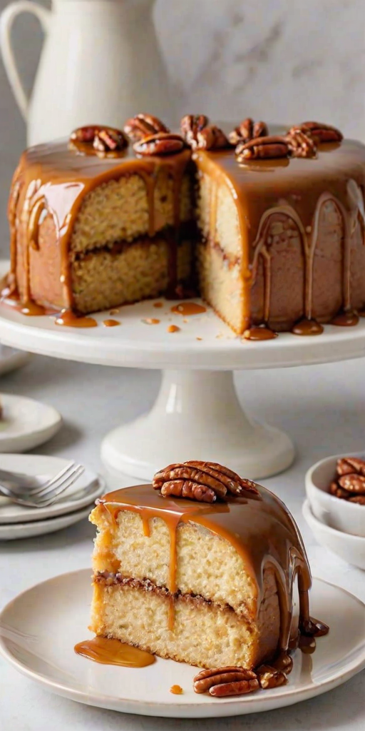 Create an image of a beautifully glazed cake with a rich caramel drizzle on top. The cake should have a moist texture and be adorned with whole pecans. A slice should be cut out to showcase the inside, revealing a blend of flavors and textures. The cake is presented on an elegant white plate with a soft, blurred background.