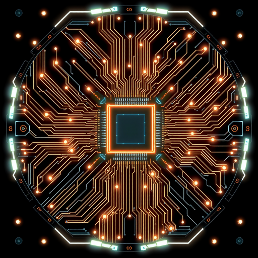 Generate a futuristic circuit board design with a central glowing processor. Emphasize intricate patterns and glowing elements, creating a high-tech, digital aesthetic. Use a dark background to enhance the brightness of the lights and details.