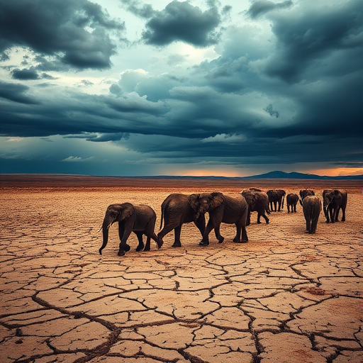 Create an image of a herd of elephants walking away in a dry, cracked landscape under a dramatic sky filled with dark clouds, captured with a 50mm lens at f/2.8, ISO 100, shutter speed 1/200s, in a landscape format using a DSLR camera.
