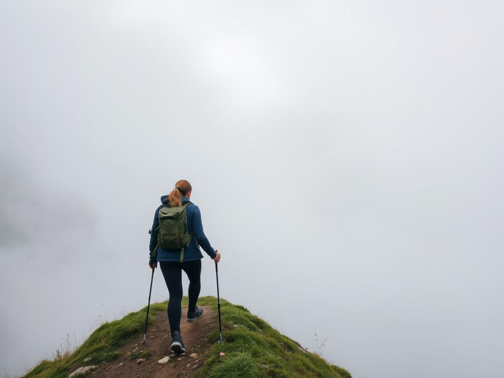 Foggy mountain pass, with thick mist swirling around the peaks, a woman in hiking gear navigates the narrow path, her determination evident in the way she presses forward despite the challenging conditions.