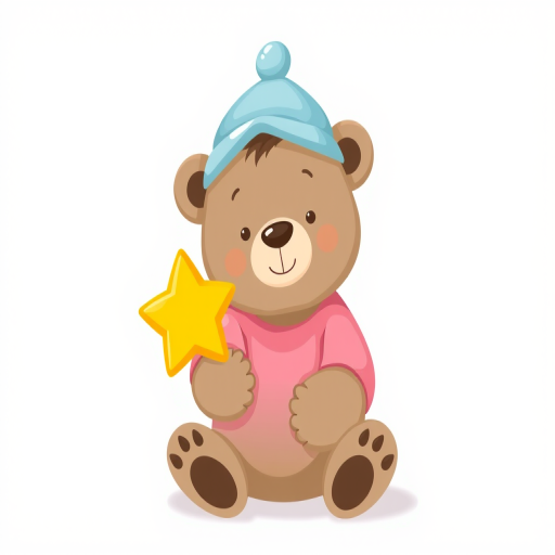 Create a cute illustration of a bear wearing a light blue hat and a pink shirt, sitting and holding a yellow star, in a soft pastel color palette with a simple background, shot with a DSLR camera at f/2.8 aperture, 50mm lens, and a wide-angle view to enhance image quality.