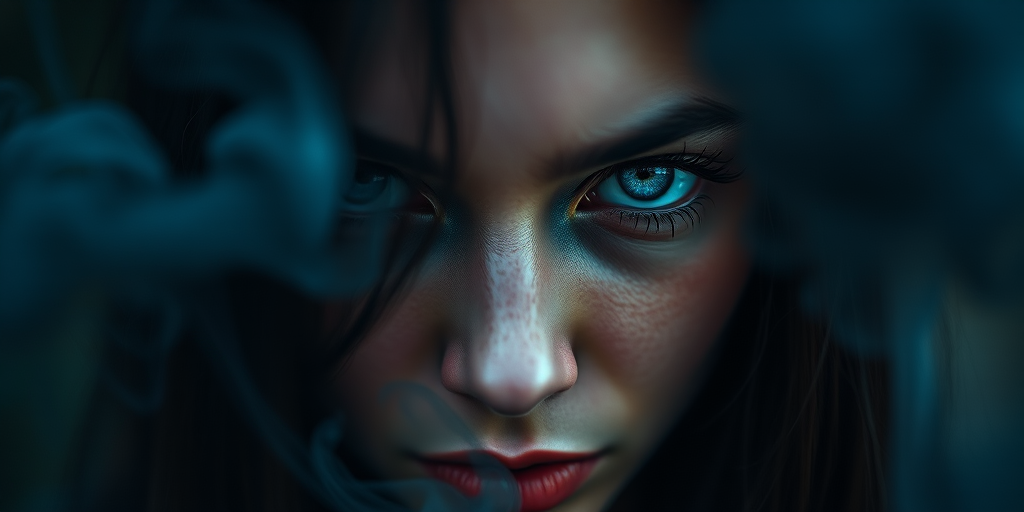 portrait of a mystical figure with striking blue eyes partially obscured by dark smoke, soft focus, 85mm lens, f/1.8, ISO 100, natural light, high dynamic range imaging, shallow depth of field
