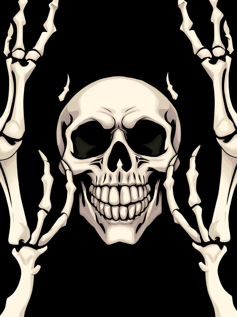 Create a high-resolution digital illustration of a skull with a cheerful expression, surrounded by skeletal hands, set against a black background, using a 50mm lens, f/2.8 aperture, and a soft-focus effect to enhance detail and depth.