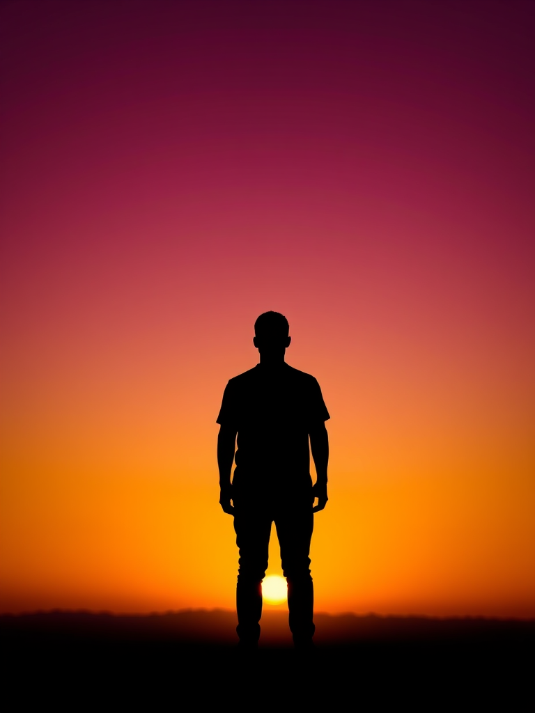 Generate a high-resolution silhouette of a standing figure against a gradient sunset background, using a DSLR camera with a 50mm lens, aperture f/1.8, ISO 100, and a wide-angle view.