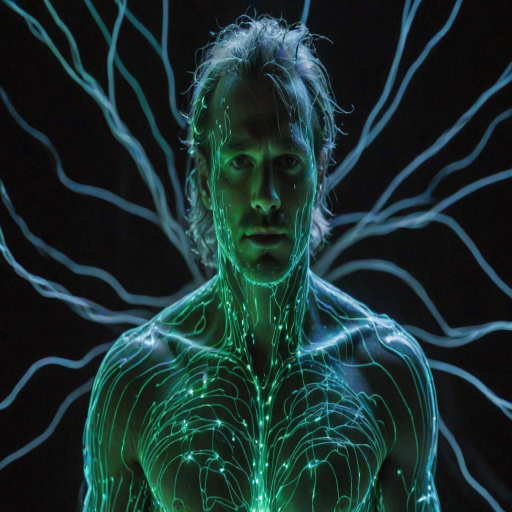 man completely covered in luminescent fiber-optic hairs in an environment that seems to be made of electrical circuits