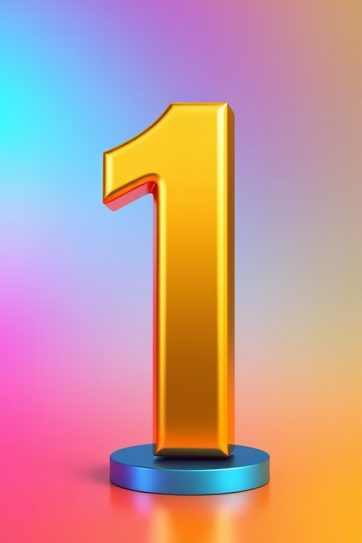 Create a high-resolution 3D rendering of a metallic golden number one on a colorful gradient background, using a DSLR camera with a 50mm lens, aperture set to f/2.8, ISO 100, shooting from a slightly elevated angle, and employing a softbox for even lighting.
